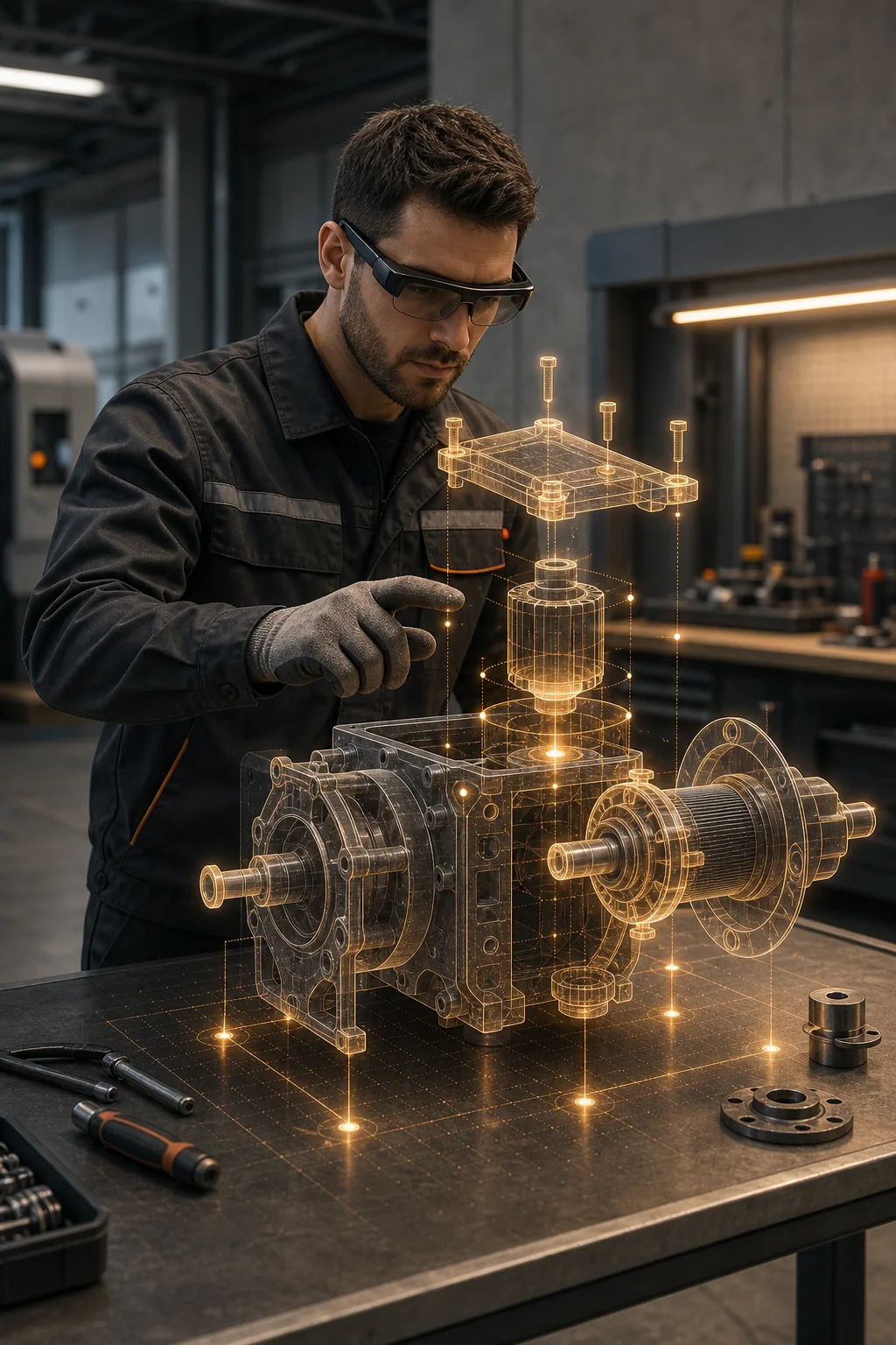 Industrial training scene with augmented reality machinery guidance.