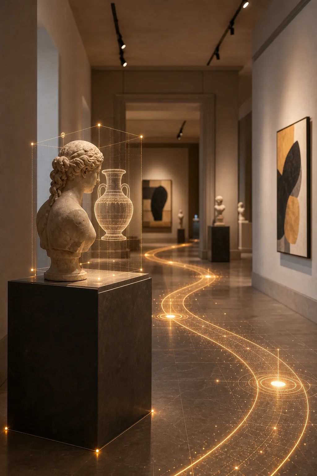 Museum gallery with augmented reality tour markers.